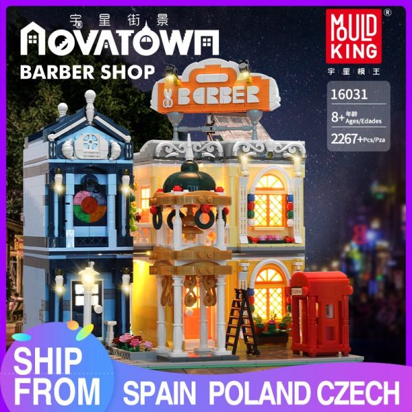 Mould King 16031 Streetview Building Blocks The Barber Shop In Town Model With Led Light Assembly