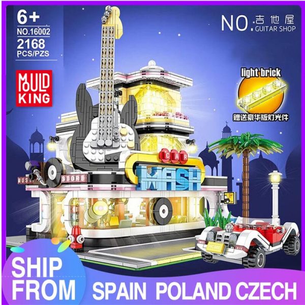 Mould King Streetview Building Toys Model The Moc Guitar Shop With Led Light Set 16002 Building